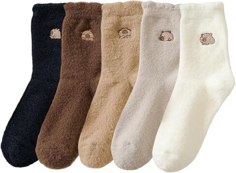 Fuzzy Socks for Women, Cute Fluffy Capybara Slipper Sock Cow Stuff Cozy Winter Casual Calf Socks Gift Size 5 to 9 in Saudi Arabia