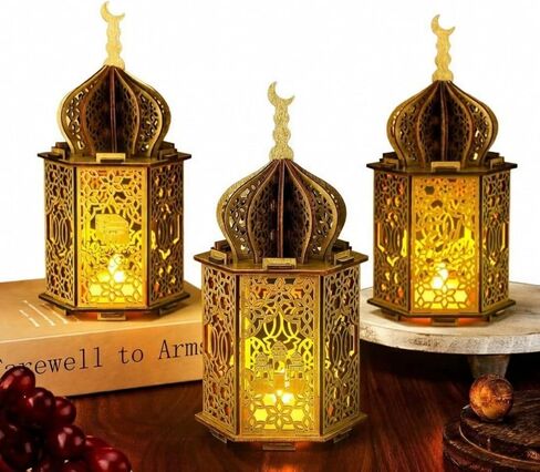 3 Pcs Ramadan Lantern Lights LED Wooden Eid Mubarak Decorations Hanging Ramadan Decorations for Home Family Table Windows Wedding Islam Muslim Indian Diwali Centerpiece Decor in Saudi Arabia