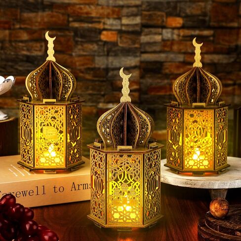 3 Pcs Ramadan Lantern Lights LED Wooden Eid Mubarak Decorations Hanging Ramadan Decorations for Home Family Table Windows Wedding Islam Muslim Indian Diwali Centerpiece Decor in Saudi Arabia