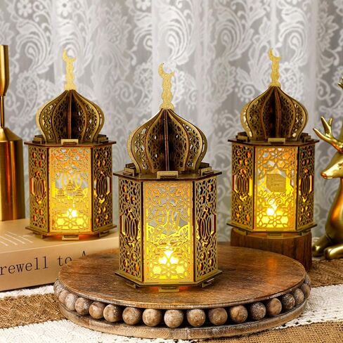 3 Pcs Ramadan Lantern Lights LED Wooden Eid Mubarak Decorations Hanging Ramadan Decorations for Home Family Table Windows Wedding Islam Muslim Indian Diwali Centerpiece Decor in Saudi Arabia