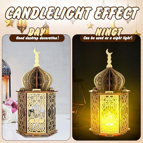 3 Pcs Ramadan Lantern Lights LED Wooden Eid Mubarak Decorations Hanging Ramadan Decorations for Home Family Table Windows Wedding Islam Muslim Indian Diwali Centerpiece Decor in Saudi Arabia