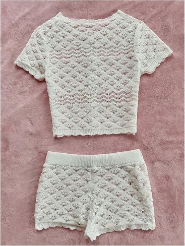 GORGLITTER Women's Crochet Summer Outfits Short Sleeve Button Up Sheer Tops Mini Shorts Beach Vacation Clothes in Saudi Arabia