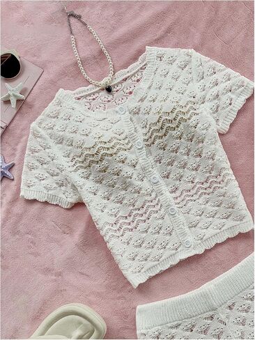 GORGLITTER Women's Crochet Summer Outfits Short Sleeve Button Up Sheer Tops Mini Shorts Beach Vacation Clothes in Saudi Arabia