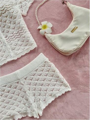 GORGLITTER Women's Crochet Summer Outfits Short Sleeve Button Up Sheer Tops Mini Shorts Beach Vacation Clothes in Saudi Arabia