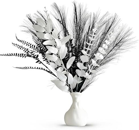 تشكيلة زهور صناعية حديثة، 17 بوصة أبيض وأسود من الأوكالبتوس الصناعي وباقة العشب، ديكور منزلي بسيط في الشمال، مناسب للمواقد وطاولات الطعام والمكاتب (المزهرية غير متضمنة) in Kuwait