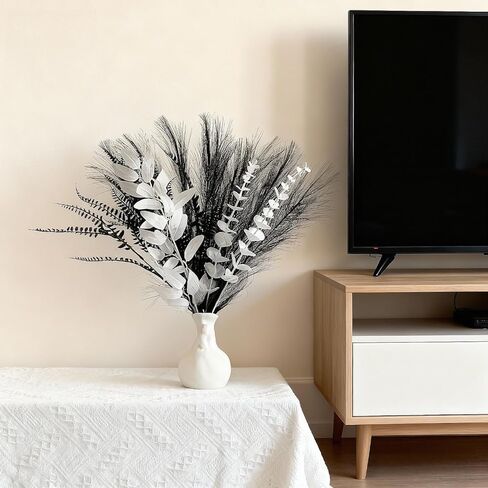 تشكيلة زهور صناعية حديثة، 17 بوصة أبيض وأسود من الأوكالبتوس الصناعي وباقة العشب، ديكور منزلي بسيط في الشمال، مناسب للمواقد وطاولات الطعام والمكاتب (المزهرية غير متضمنة) in Kuwait