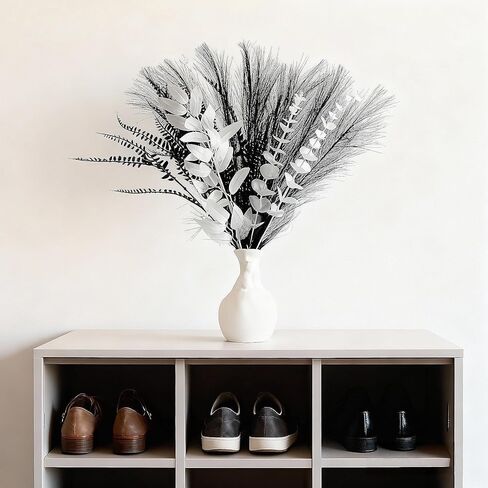 تشكيلة زهور صناعية حديثة، 17 بوصة أبيض وأسود من الأوكالبتوس الصناعي وباقة العشب، ديكور منزلي بسيط في الشمال، مناسب للمواقد وطاولات الطعام والمكاتب (المزهرية غير متضمنة) in Kuwait