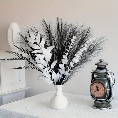 تشكيلة زهور صناعية حديثة، 17 بوصة أبيض وأسود من الأوكالبتوس الصناعي وباقة العشب، ديكور منزلي بسيط في الشمال، مناسب للمواقد وطاولات الطعام والمكاتب (المزهرية غير متضمنة) in Kuwait