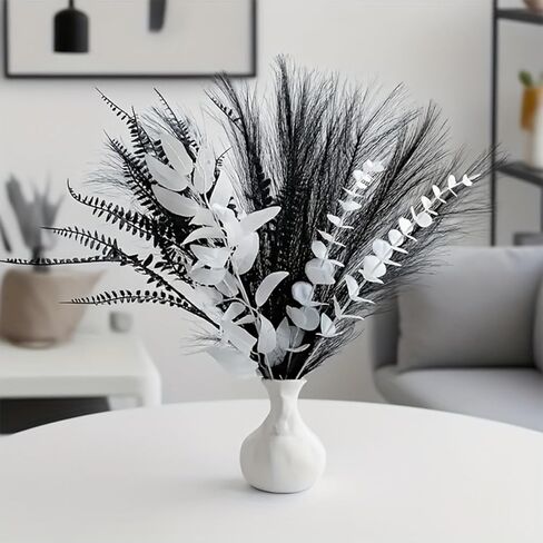 تشكيلة زهور صناعية حديثة، 17 بوصة أبيض وأسود من الأوكالبتوس الصناعي وباقة العشب، ديكور منزلي بسيط في الشمال، مناسب للمواقد وطاولات الطعام والمكاتب (المزهرية غير متضمنة) in Kuwait