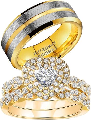 1CT Heart CZ Wedding Ring Set for Women & Men Yellow Gold Plated Bridal Couple Rings Tungsten Ring Wedding Band in Kuwait