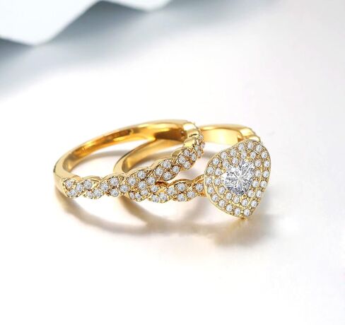 1CT Heart CZ Wedding Ring Set for Women & Men Yellow Gold Plated Bridal Couple Rings Tungsten Ring Wedding Band in Kuwait