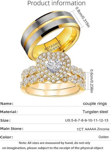1CT Heart CZ Wedding Ring Set for Women & Men Yellow Gold Plated Bridal Couple Rings Tungsten Ring Wedding Band in Kuwait