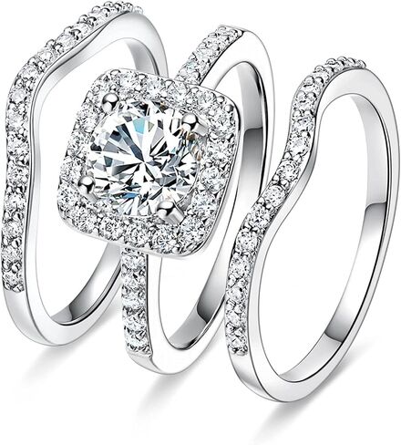 3pc 925 Sterling Silver Shiny Full Diamond Zircon rings 3 Layer Ring Set with Zircon Ring Cushion Cut 4ct Zircon Diamonds Stone Engagement Wedding Band Ring 10 in Saudi Arabia