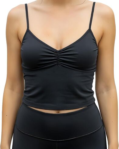 Women’s Black Spaghetti Strap Crop Cami – Ruched V-Neck Yoga Tank Top, Eco-Friendly Activewear for Lounge, Workout & Layering in Saudi Arabia