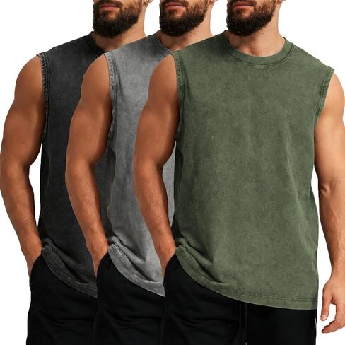 Mens Workout Tank Tops Sleeveless T Shirts Men Muscle Shirt Gym Cotton Acid Wash Tee Shirts Running Loose Fit Tees in Saudi Arabia