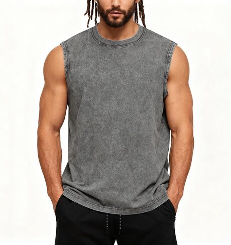 Mens Workout Tank Tops Sleeveless T Shirts Men Muscle Shirt Gym Cotton Acid Wash Tee Shirts Running Loose Fit Tees in Saudi Arabia