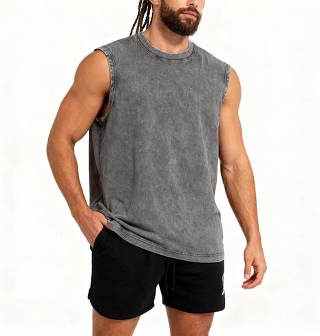 Mens Workout Tank Tops Sleeveless T Shirts Men Muscle Shirt Gym Cotton Acid Wash Tee Shirts Running Loose Fit Tees in Saudi Arabia