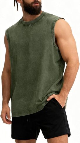 Mens Workout Tank Tops Sleeveless T Shirts Men Muscle Shirt Gym Cotton Acid Wash Tee Shirts Running Loose Fit Tees in Saudi Arabia
