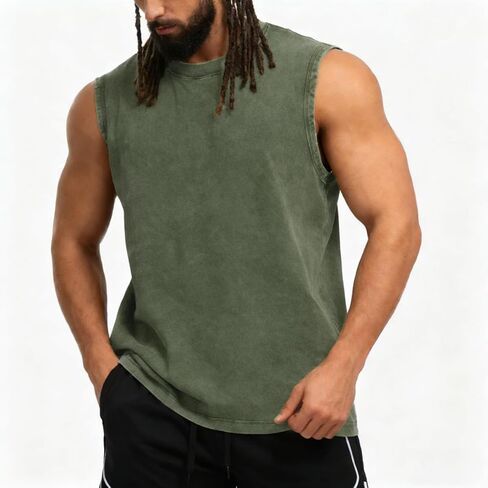 Mens Workout Tank Tops Sleeveless T Shirts Men Muscle Shirt Gym Cotton Acid Wash Tee Shirts Running Loose Fit Tees in Saudi Arabia