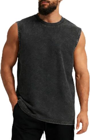 Mens Workout Tank Tops Sleeveless T Shirts Men Muscle Shirt Gym Cotton Acid Wash Tee Shirts Running Loose Fit Tees in Saudi Arabia