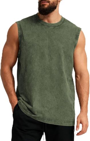 Mens Workout Tank Tops Sleeveless T Shirts Men Muscle Shirt Gym Cotton Acid Wash Tee Shirts Running Loose Fit Tees in Saudi Arabia