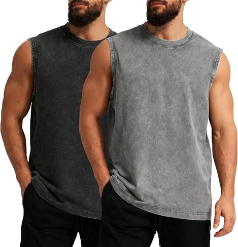 Mens Workout Tank Tops Sleeveless T Shirts Men Muscle Shirt Gym Cotton Acid Wash Tee Shirts Running Loose Fit Tees in Saudi Arabia