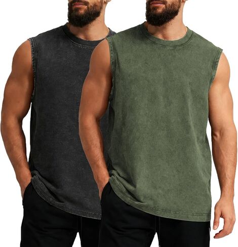 Mens Workout Tank Tops Sleeveless T Shirts Men Muscle Shirt Gym Cotton Acid Wash Tee Shirts Running Loose Fit Tees in Saudi Arabia
