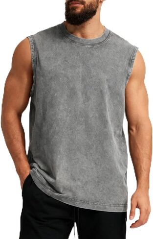 Mens Workout Tank Tops Sleeveless T Shirts Men Muscle Shirt Gym Cotton Acid Wash Tee Shirts Running Loose Fit Tees in Saudi Arabia