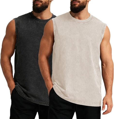 Mens Workout Tank Tops Sleeveless T Shirts Men Muscle Shirt Gym Cotton Acid Wash Tee Shirts Running Loose Fit Tees in Saudi Arabia