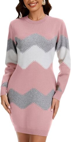 PEHMEA Women's Striped Mini Bodycon Sweater Dress Long Sleeve Knitted Slim Fit Pullover Dress in Kuwait
