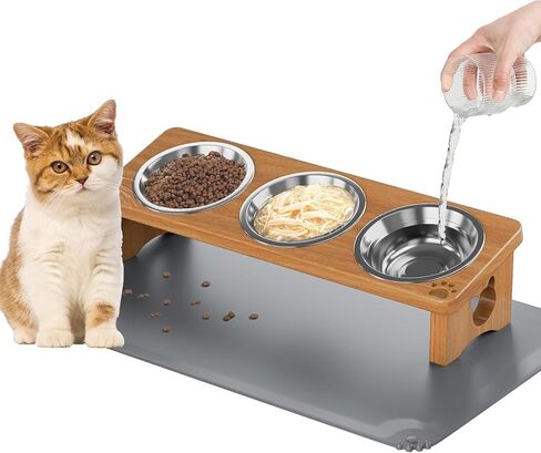 Solid Wood Elevated Cat Bowls with Silicone Food Mat, 15° Tilted Raised Cat Food and Water Dishes, Anti-Vomiting Design, 3 Stainless Steel Bowls for Cats & Small Dogs (Teak) in Kuwait