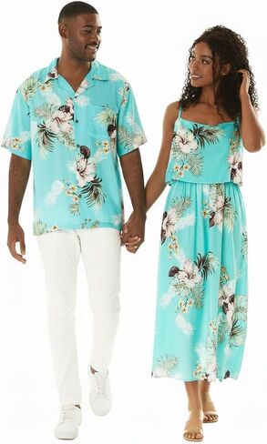 Matchable Couple Hawaiian Luau Shirt or Maxi Ruffle Dress in Pineapple Garden Turquoise in Saudi Arabia