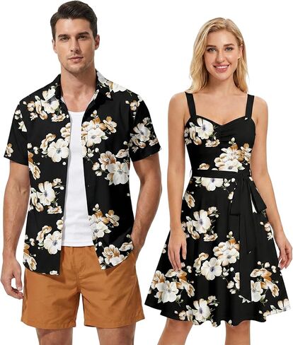 DRESSFO ملابس الأزواج المتوافقة مع قميص بأزرار وطبعة أوراق الشجر الاستوائية أو فستان بأشرطة in Saudi Arabia