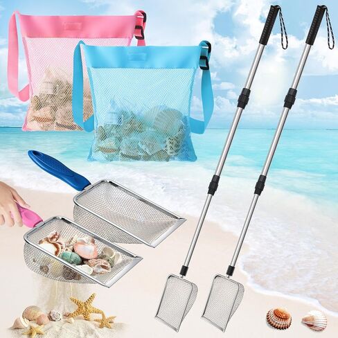 Liliful 6 Pcs Shelling Tools for Beach Include 2 Beach Sand Sifter with Adjustable Handle 2 Beach Mesh Shovel Sand Scoop 2 Mesh Shell Collecting Bag for Picking up Shell Shark Teeth Toy (Pink, Blue) in Saudi Arabia