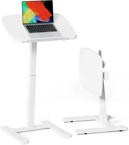 JOY Worker مكتب قائم متنقل صغير منخفض الارتفاع للأريكة، طاولة صينية تلفزيون قابلة للتعديل مع سطح مكتب MDF قابل للطي بزاوية 90 درجة، مكتب كمبيوتر محمول محمول مع قاعدة منخفضة وعجلات مخفية قابلة للقفل، أبيض in Kuwait