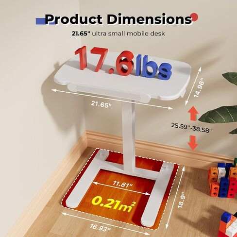 JOY Worker مكتب قائم متنقل صغير منخفض الارتفاع للأريكة، طاولة صينية تلفزيون قابلة للتعديل مع سطح مكتب MDF قابل للطي بزاوية 90 درجة، مكتب كمبيوتر محمول محمول مع قاعدة منخفضة وعجلات مخفية قابلة للقفل، أبيض in Kuwait