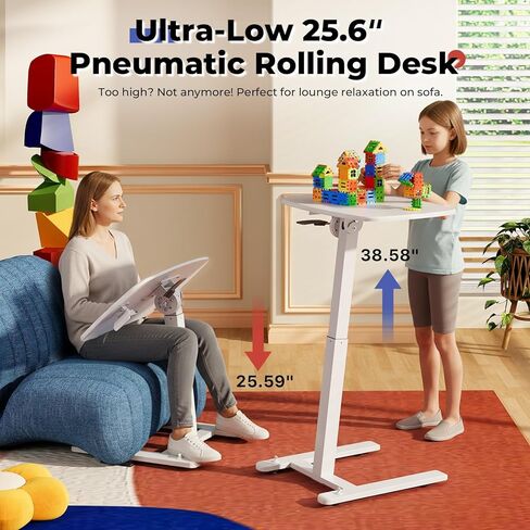 JOY Worker مكتب قائم متنقل صغير منخفض الارتفاع للأريكة، طاولة صينية تلفزيون قابلة للتعديل مع سطح مكتب MDF قابل للطي بزاوية 90 درجة، مكتب كمبيوتر محمول محمول مع قاعدة منخفضة وعجلات مخفية قابلة للقفل، أبيض in Kuwait
