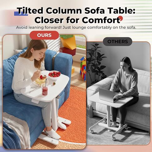 JOY Worker مكتب قائم متنقل صغير منخفض الارتفاع للأريكة، طاولة صينية تلفزيون قابلة للتعديل مع سطح مكتب MDF قابل للطي بزاوية 90 درجة، مكتب كمبيوتر محمول محمول مع قاعدة منخفضة وعجلات مخفية قابلة للقفل، أبيض in Kuwait