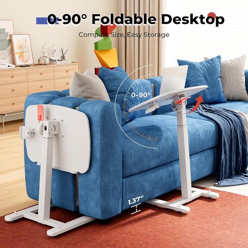 JOY Worker مكتب قائم متنقل صغير منخفض الارتفاع للأريكة، طاولة صينية تلفزيون قابلة للتعديل مع سطح مكتب MDF قابل للطي بزاوية 90 درجة، مكتب كمبيوتر محمول محمول مع قاعدة منخفضة وعجلات مخفية قابلة للقفل، أبيض in Kuwait