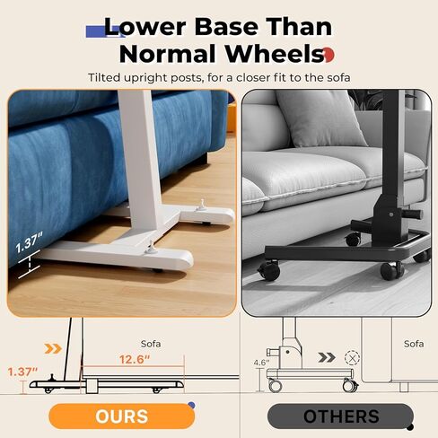 JOY Worker مكتب قائم متنقل صغير منخفض الارتفاع للأريكة، طاولة صينية تلفزيون قابلة للتعديل مع سطح مكتب MDF قابل للطي بزاوية 90 درجة، مكتب كمبيوتر محمول محمول مع قاعدة منخفضة وعجلات مخفية قابلة للقفل، أبيض in Kuwait