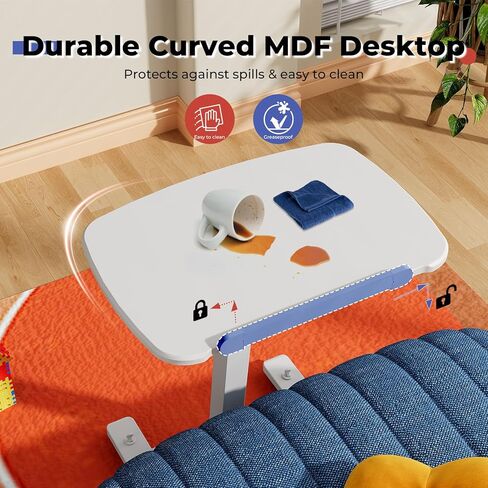 JOY Worker مكتب قائم متنقل صغير منخفض الارتفاع للأريكة، طاولة صينية تلفزيون قابلة للتعديل مع سطح مكتب MDF قابل للطي بزاوية 90 درجة، مكتب كمبيوتر محمول محمول مع قاعدة منخفضة وعجلات مخفية قابلة للقفل، أبيض in Kuwait