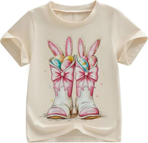 Kids Toddler Little Girls Easter Shirt Short Sleeve Easter Eggs Boots Coquette Bow Bunny Ear Funny T-Shirt Top in Saudi Arabia