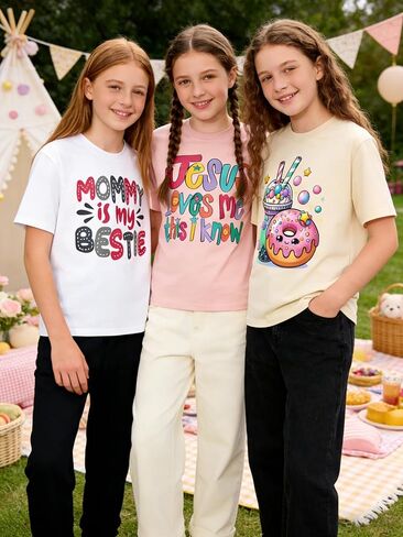 3-Pack Girls Short Sleeve Graphic Tees, Printed Crew Neck T-Shirts for Kids 8–14 in Saudi Arabia