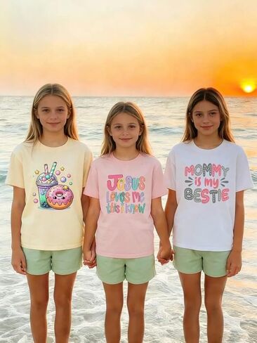 3-Pack Girls Short Sleeve Graphic Tees, Printed Crew Neck T-Shirts for Kids 8–14 in Saudi Arabia