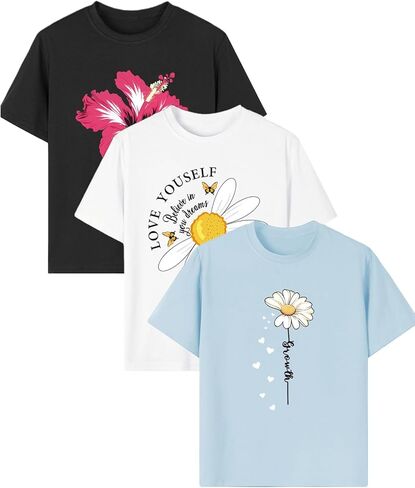 3-Pack Girls Short Sleeve Graphic Tees, Printed Crew Neck T-Shirts for Kids 8–14 in Saudi Arabia