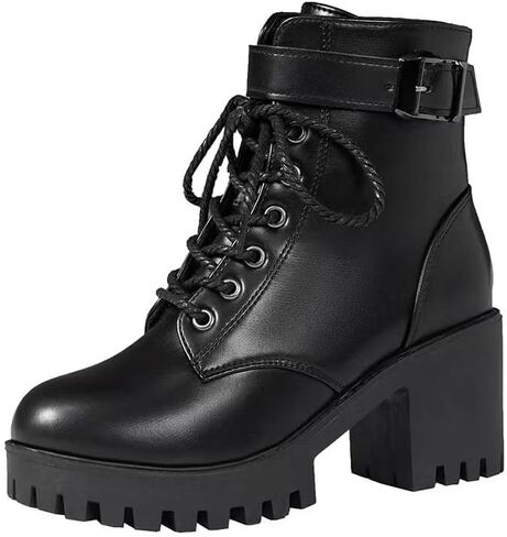 Women's Combat Boots Ankle Booties Lace-up Platform Side Zipper Lug Sole Boots Chunky Heel Military Ankle Boots in Saudi Arabia
