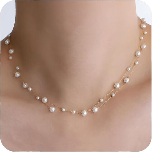 قلادات اللؤلؤ للنساء، قلادة أنيقة من اللؤلؤ بطبقات أنيقة، قلادة أنيقة مصنوعة يدويًا من الذهب واللؤلؤ للمجوهرات المميزة in Kuwait