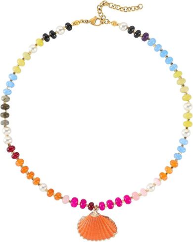 Beaded Necklace for Women,Colorful Boho Gemstone Bead Choker with Natural Shell Pendant,Gold Stainless Steel Summer Beach Handmade Jewelry in Saudi Arabia