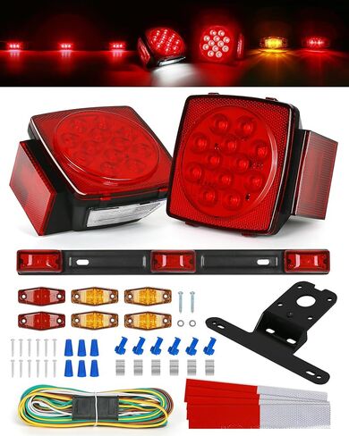 مجموعة مصابيح LED للمقطورة الغاطسة - 2x أضواء مربعة للإيقاف/الانعطاف/الفرامل/لوحة الترخيص، شريط ضوء فرامل خلفي مقاس 14.25 بوصة، 6x أضواء علامة صغيرة، حزام أسلاك بطول 25 قدمًا مع موصل بأربعة أقطاب، مجموعة تثبيت in Kuwait