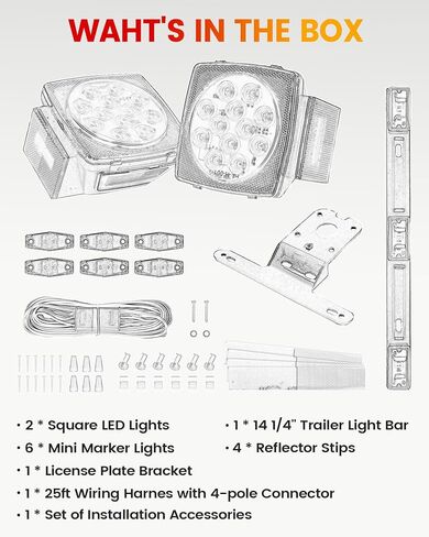 مجموعة مصابيح LED للمقطورة الغاطسة - 2x أضواء مربعة للإيقاف/الانعطاف/الفرامل/لوحة الترخيص، شريط ضوء فرامل خلفي مقاس 14.25 بوصة، 6x أضواء علامة صغيرة، حزام أسلاك بطول 25 قدمًا مع موصل بأربعة أقطاب، مجموعة تثبيت in Kuwait